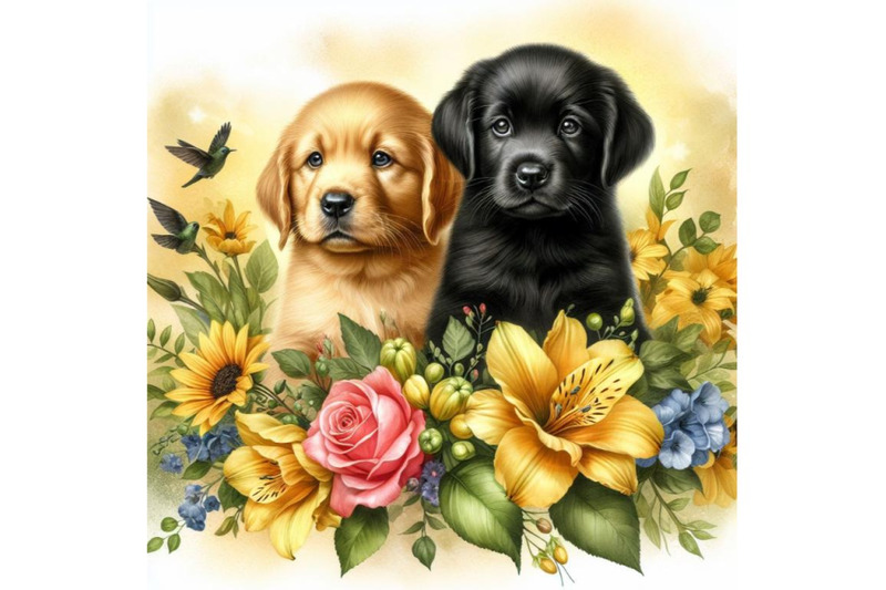 bundle-of-two-puppies-and-beautiful-flowers