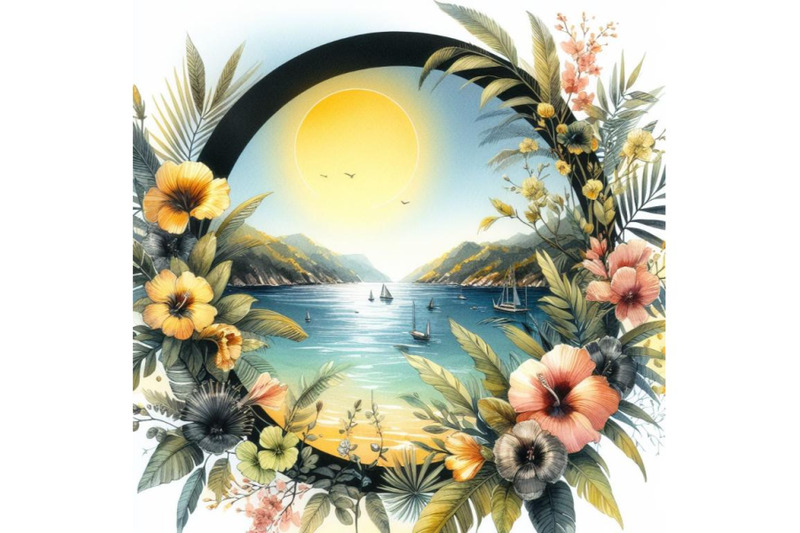 a-set-of-summer-sea-view-and-beautiful-flowers-inside-the-circle