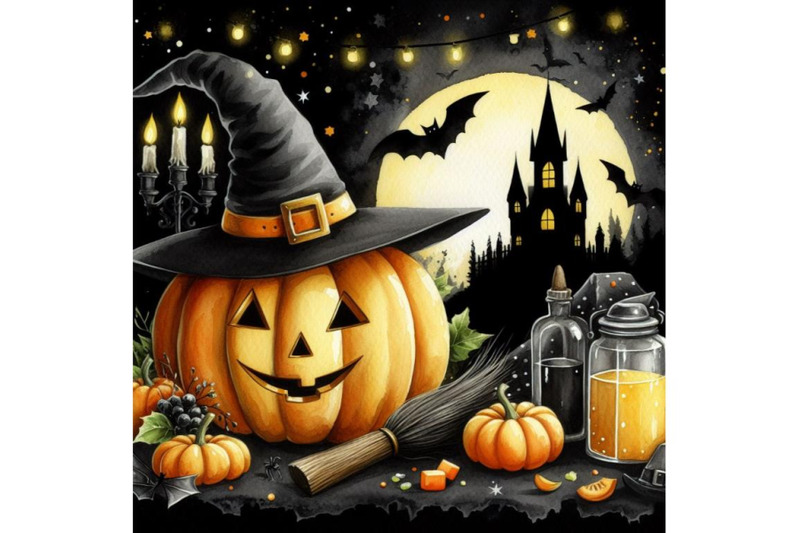 a-bundle-of-pumpkin-with-hat-witch-in-scene-halloween