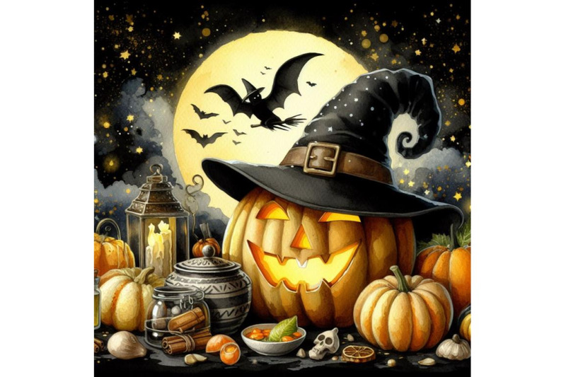 a-bundle-of-pumpkin-with-hat-witch-in-scene-halloween