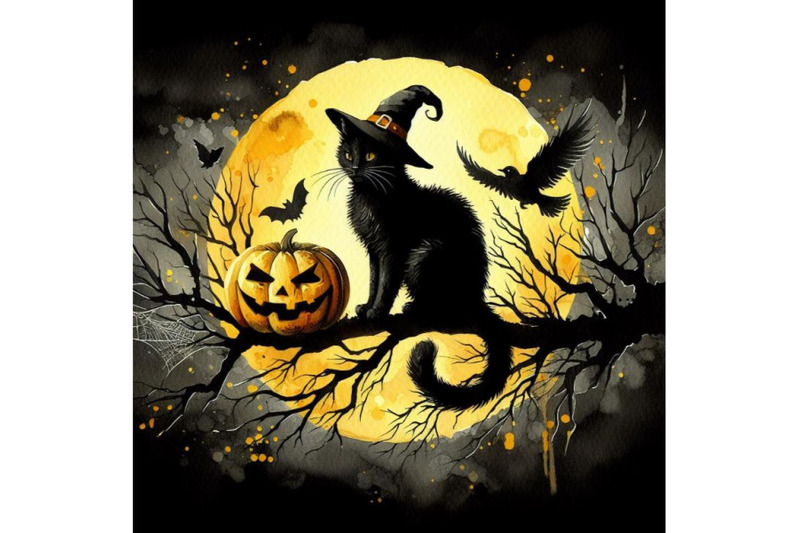 bundle-of-black-cat-on-dead-branch-on-halloween-night