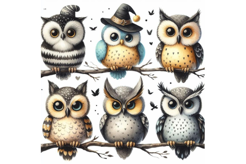 bundle-of-five-different-funny-owls-sitting-on-a-branch