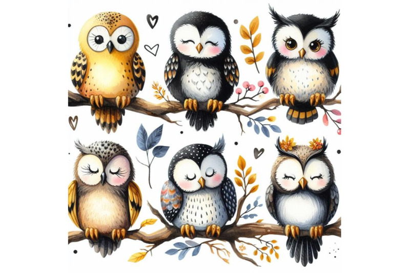 bundle-of-five-different-funny-owls-sitting-on-a-branch