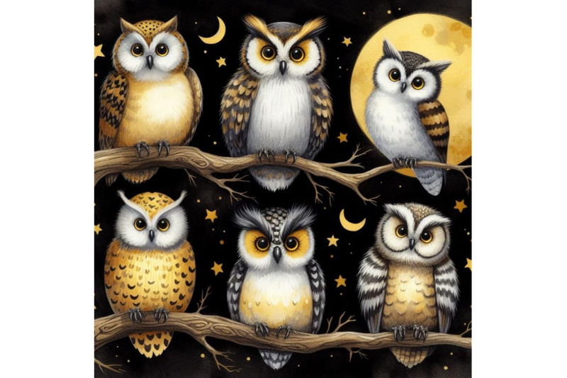 bundle-of-five-different-funny-owls-sitting-on-a-branch