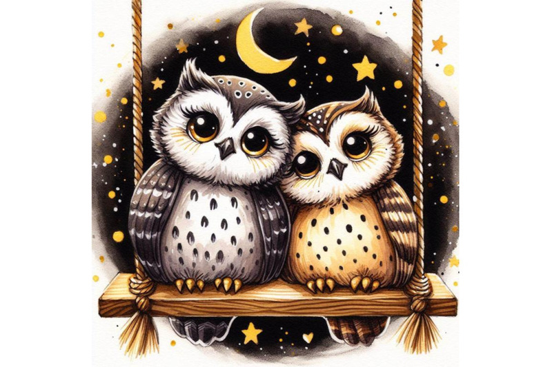 bundle-of-a-cute-couple-owls-in-love-on-a-swing