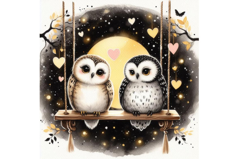 bundle-of-a-cute-couple-owls-in-love-on-a-swing