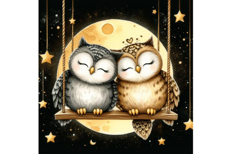 bundle-of-a-cute-couple-owls-in-love-on-a-swing