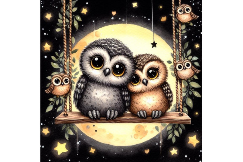 bundle-of-a-cute-couple-owls-in-love-on-a-swing