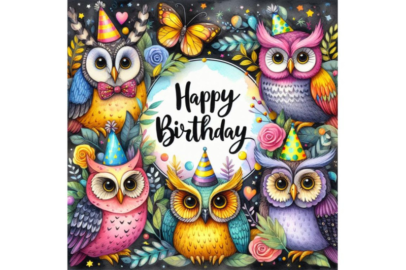 bundle-of-happy-birthday-header-with-colorful-owls