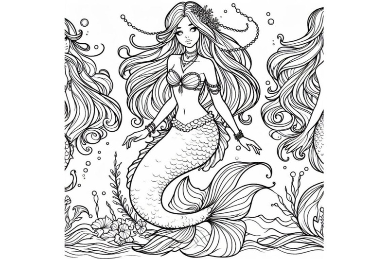 bundle-of-line-art-beautiful-mermaid-girl-with-long-hair