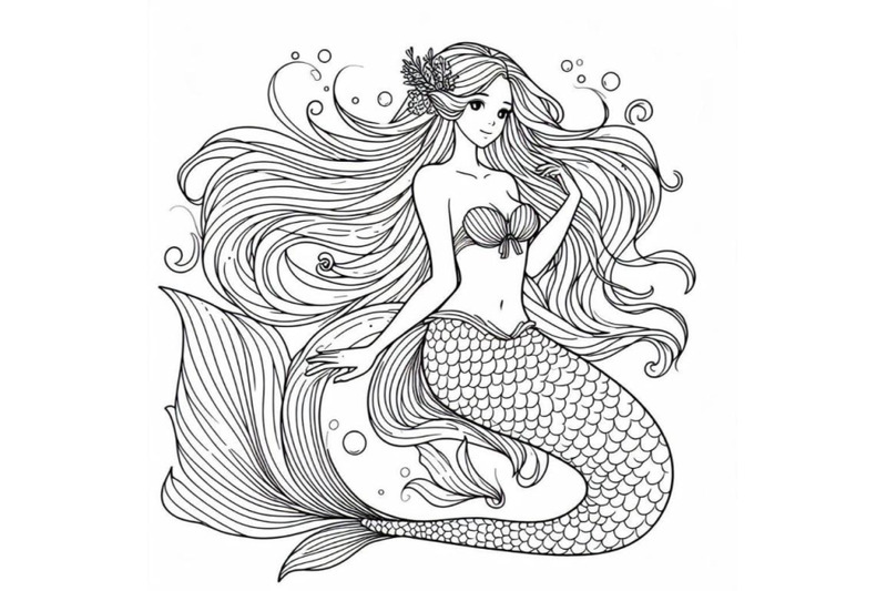 bundle-of-line-art-beautiful-mermaid-girl-with-long-hair