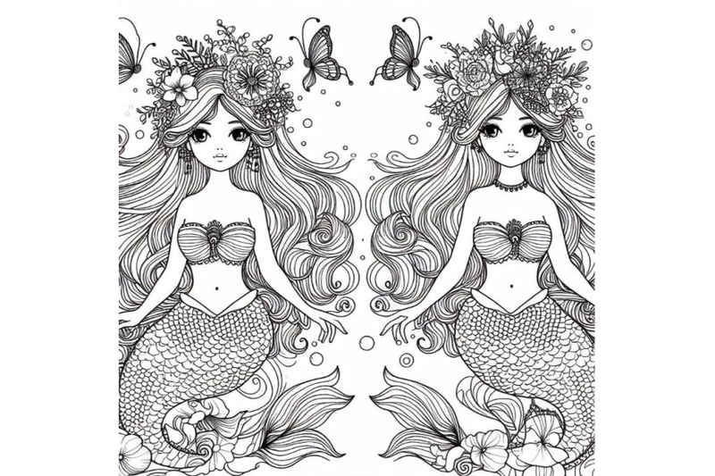 bundle-of-line-art-beautiful-mermaid-girl-with-long-hair