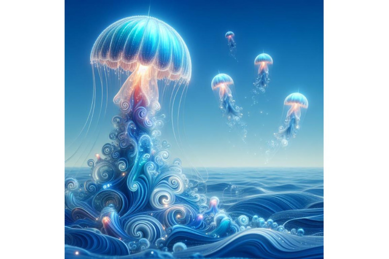 bundle-of-fantasy-jellyfish-against-blue-sky-simple-abstract-neon