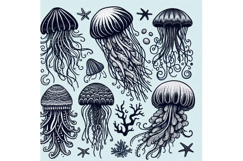 bundle-of-hand-drawn-vector-jellyfish-sea-marine-animal-collection