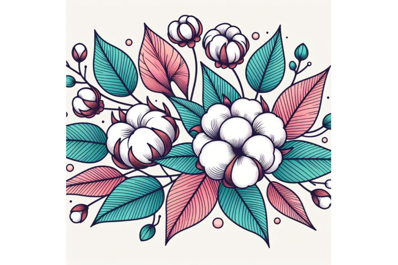 bundle-of-colorful-line-art-decoration-of-cotton-flower-with-leaves