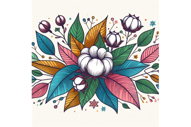 bundle-of-colorful-line-art-decoration-of-cotton-flower-with-leaves