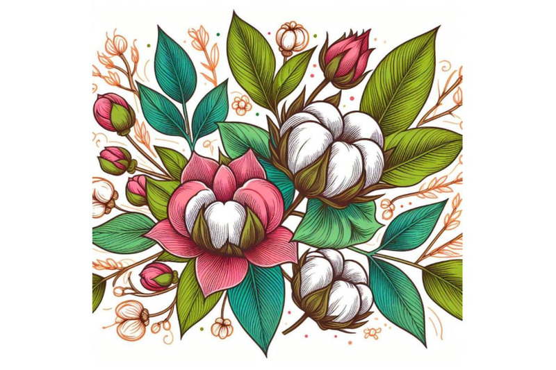 bundle-of-colorful-line-art-decoration-of-cotton-flower-with-leaves