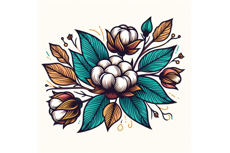 bundle-of-colorful-line-art-decoration-of-cotton-flower-with-leaves