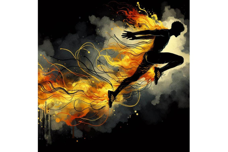 bundle-of-male-athlete-jumping-with-abstract-flaming-trail-silhouette