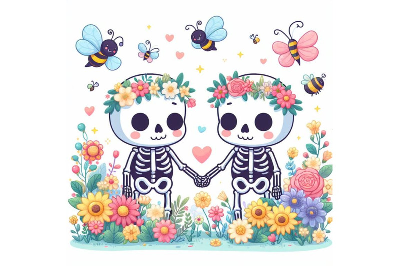 bundle-of-couple-skulleton-with-flowers