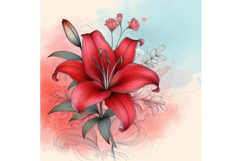 a-set-of-illustraition-of-a-red-lily-line-art-and-pastel-abstract-back