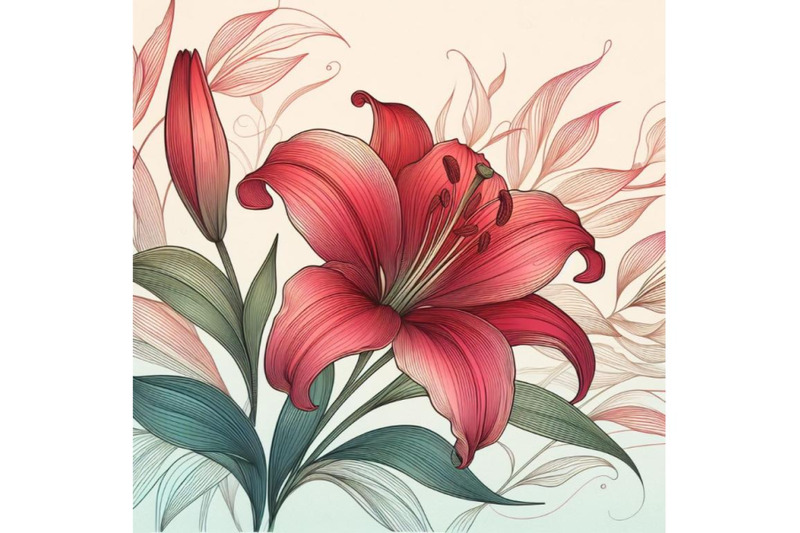 a-set-of-illustraition-of-a-red-lily-line-art-and-pastel-abstract-back