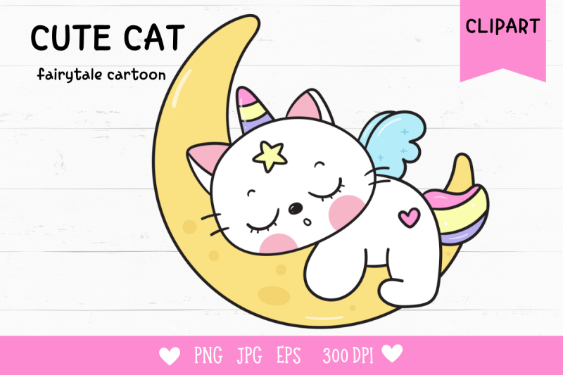 cute-cat-unicorn-sleep-on-moon-kawaii-animals-kitten-baby