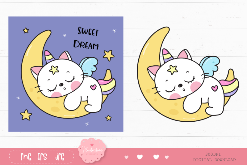 cute-cat-unicorn-sleep-on-moon-kawaii-animals-kitten-baby