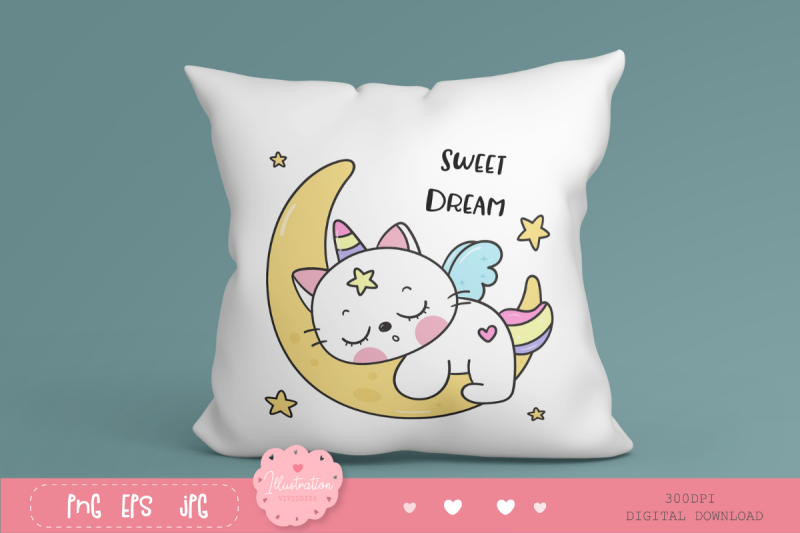 cute-cat-unicorn-sleep-on-moon-kawaii-animals-kitten-baby