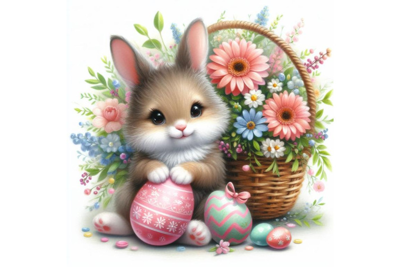 a-set-of-cute-easter-bunny-with-painted-egg-and-flower