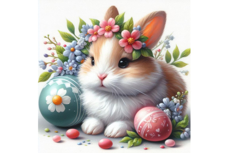 a-set-of-cute-easter-bunny-with-painted-egg-and-flower