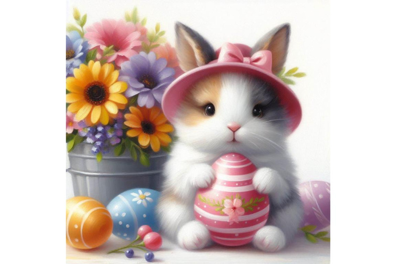 a-set-of-cute-easter-bunny-with-painted-egg-and-flower