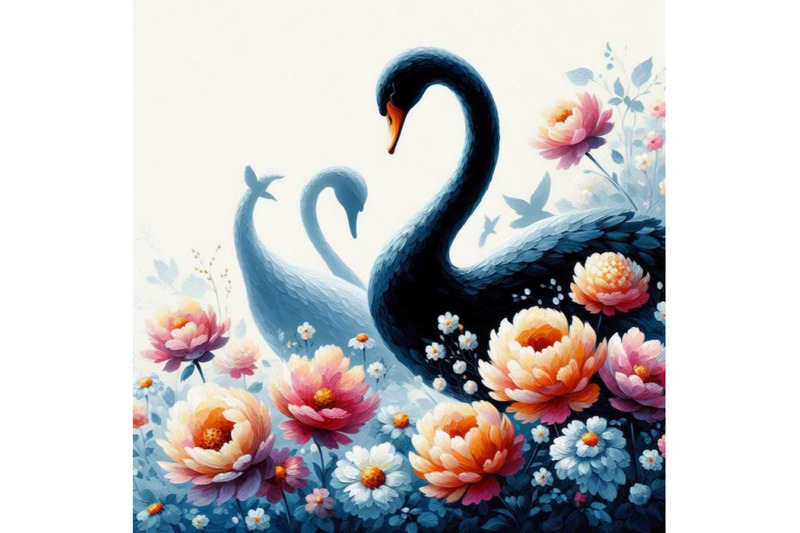 a-set-of-beautiful-swan-silhouette-with-flowers-flat