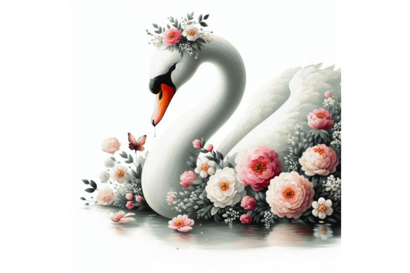 a-set-of-beautiful-swan-silhouette-with-flowers-flat