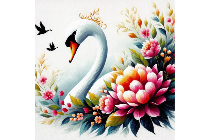 a-set-of-beautiful-swan-silhouette-with-flowers-flat