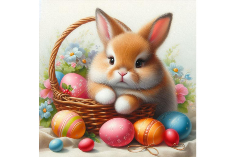 a-set-of-easter-bunny-with-decorated-eggs-in-basket