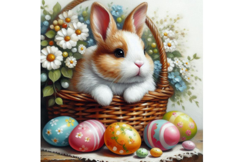 a-set-of-easter-bunny-with-decorated-eggs-in-basket