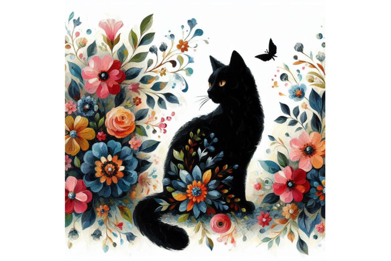 a-set-of-beautiful-black-cat-silhouette-with-flowers-flat