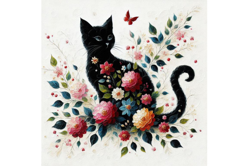 a-set-of-beautiful-black-cat-silhouette-with-flowers-flat