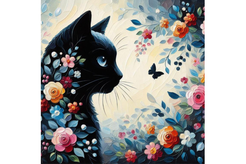 a-set-of-beautiful-black-cat-silhouette-with-flowers-flat