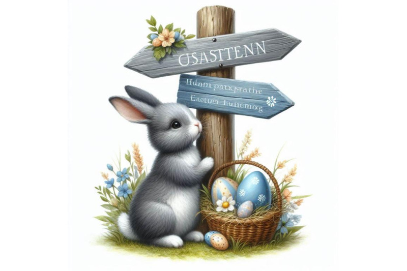 a-set-of-easter-bunny-with-signpost-in-gray-and-blue-color-isolated