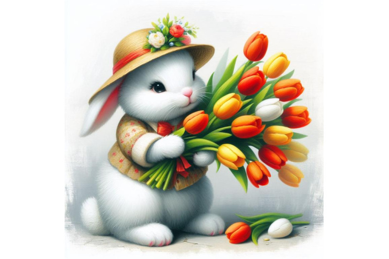 a-set-of-easter-bunny-holding-tulips-isolated