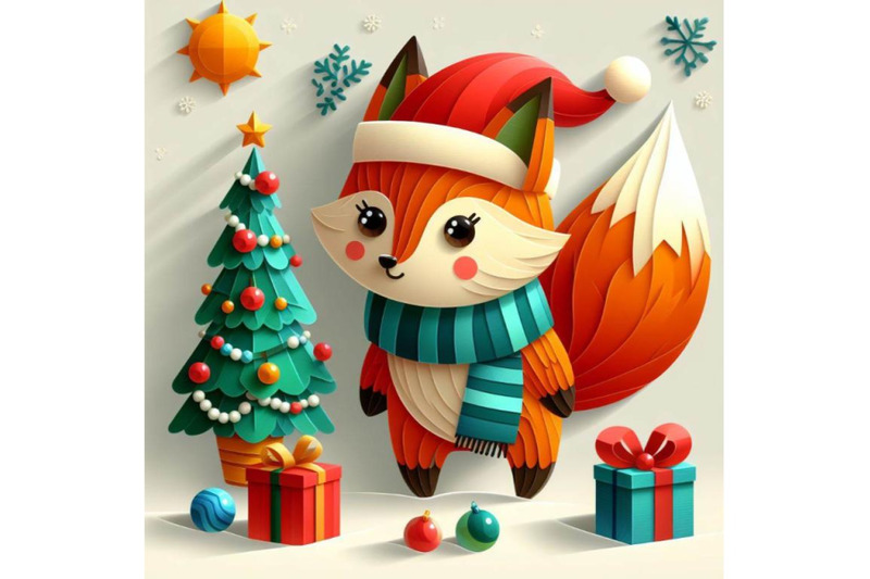 a-set-of-vector-cute-christmas-paper-cut-fox-with-shadow