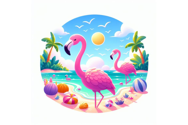 a-set-of-cartoon-flat-cute-flamingo-birds-summer-art-print