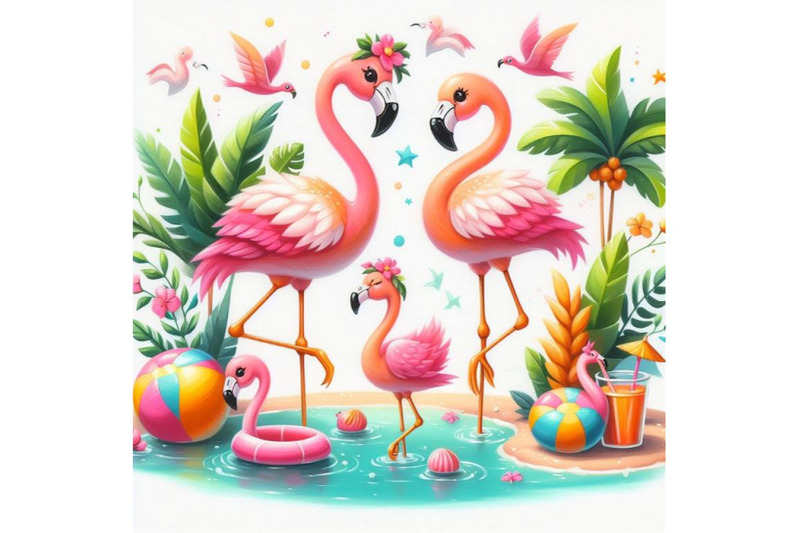 a-set-of-cartoon-flat-cute-flamingo-birds-summer-art-print