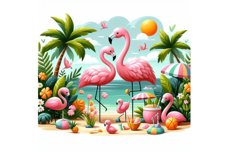 a-set-of-cartoon-flat-cute-flamingo-birds-summer-art-print