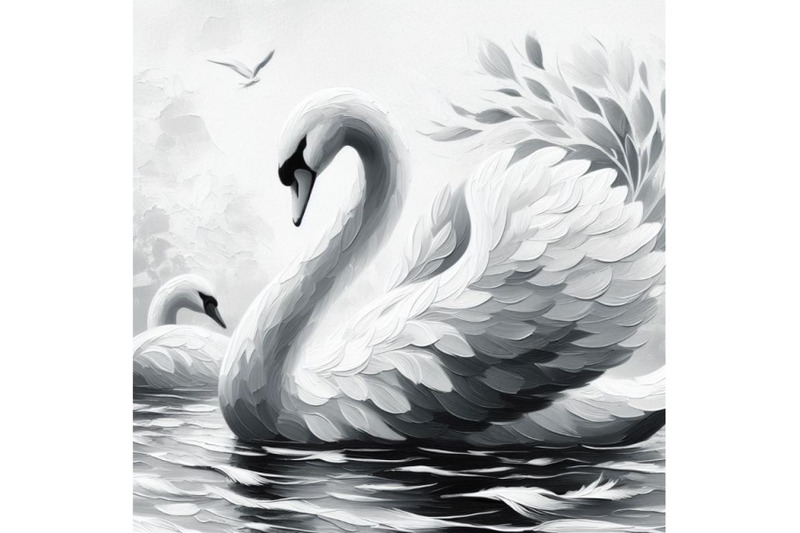 a-set-of-white-swan-with-long-plumage-in-monochrome-graphic-design