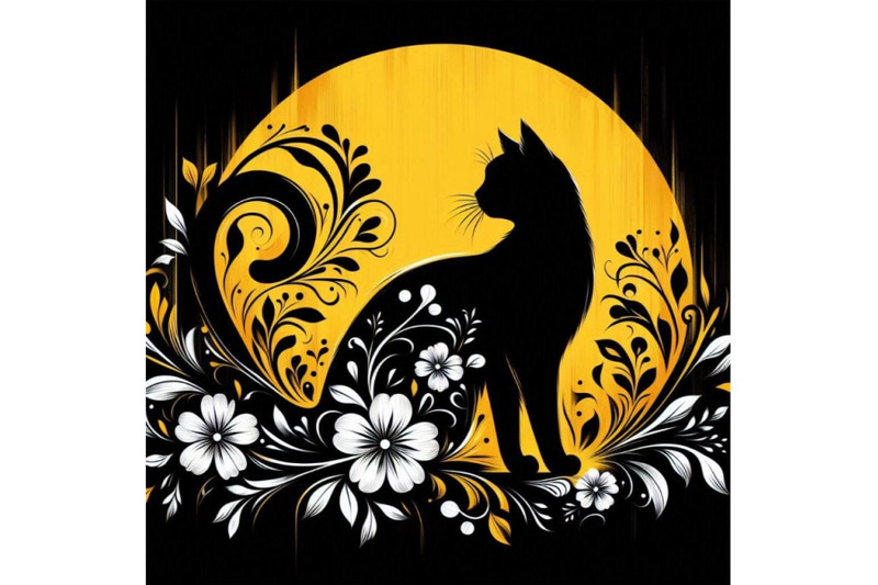 a-bundle-of-beautiful-black-cat-silhouette-with-flowers-flat