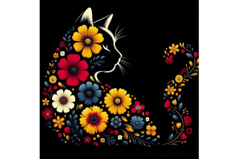 a-bundle-of-beautiful-black-cat-silhouette-with-flowers-flat