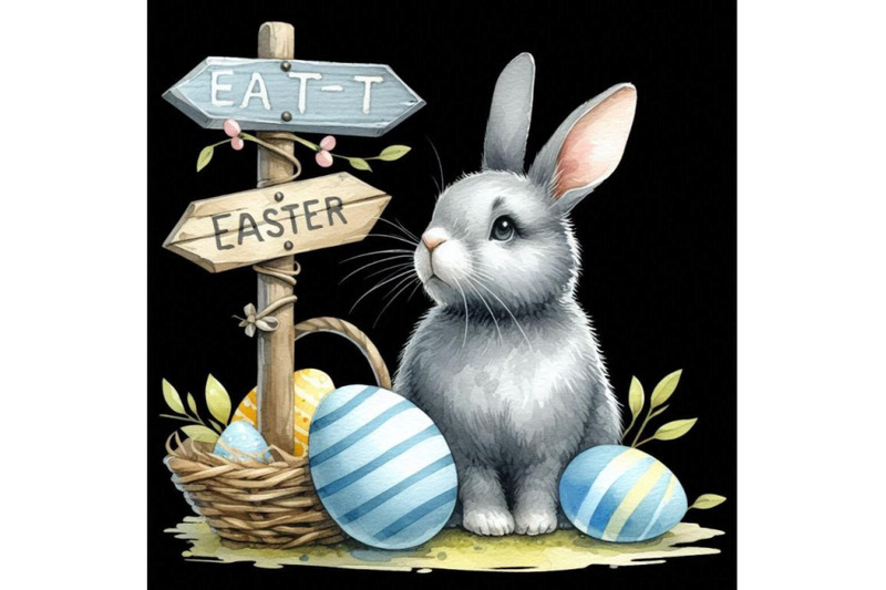 a-bundle-of-watercolor-easter-bunny-with-signpost-in-gray-and-blue-col